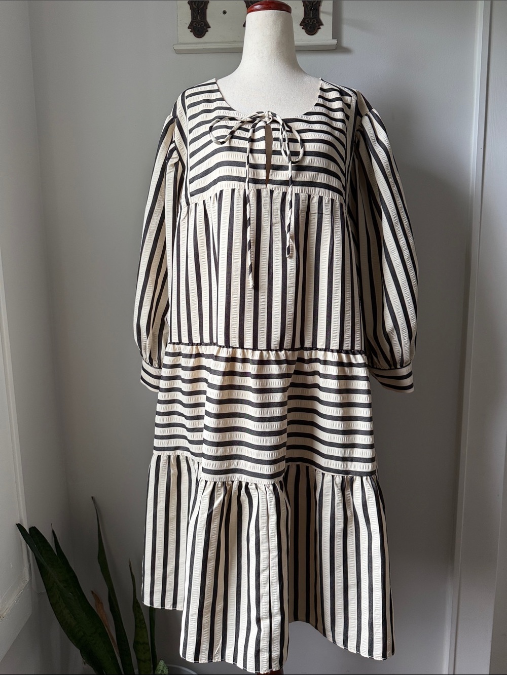 English Factory Plus Striped Mini Dress Black and Cream Tiered Tie-front